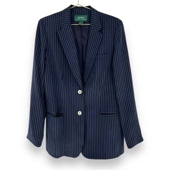 Vintage Lauren Ralph Lauren Silk Pinstripe Oversize Boxy Blazer Jacket Navy 18 - Picture 1 of 10